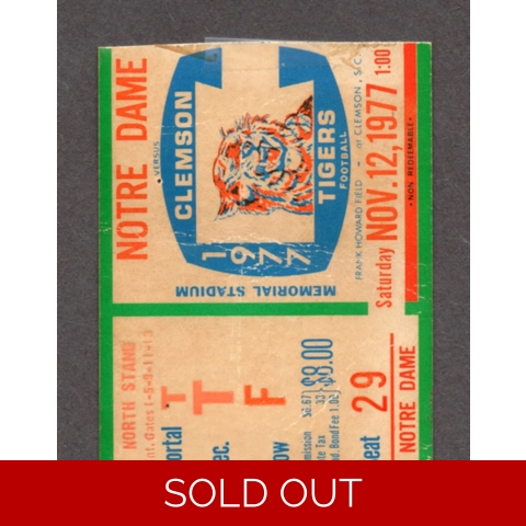 Joe Montana 1977 National Championship Run 1977-11-12 Clemson Tigers vs Notre Dame Fighting Irish Football Ticket Stub GAME 9